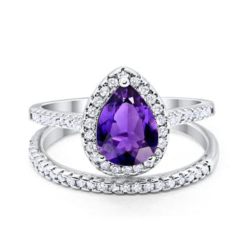 Teardrop Pear Bridal Set Engagement Ring Simulated Amethyst CZ 925 Sterling Silver